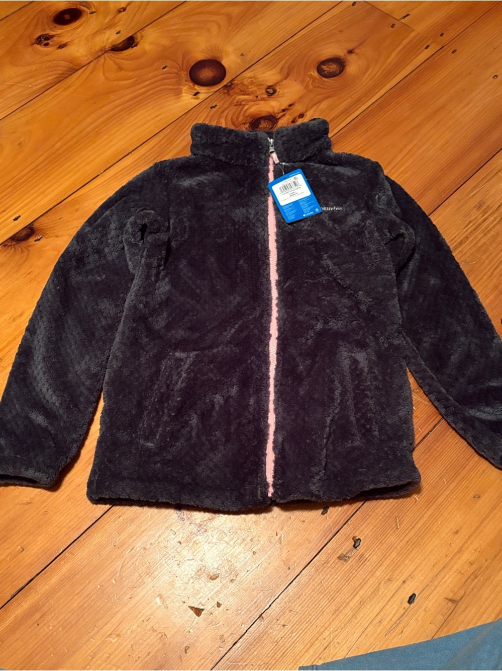 Columbia Black Fuzzy Jacket with Pink Zip Trim